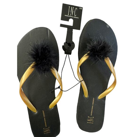 Flip Flops Womens 8/9 *READ* Fur Accent Gold Straps NWT INC Macys Sandals #4093 - Picture 4 of 9
